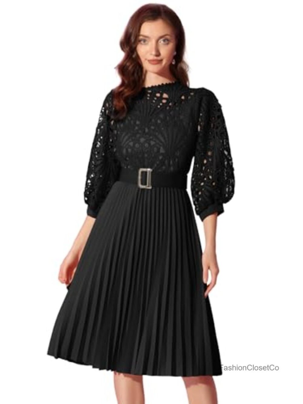 Elegant Lace Crochet Lantern Sleeve Belted Midi Dress